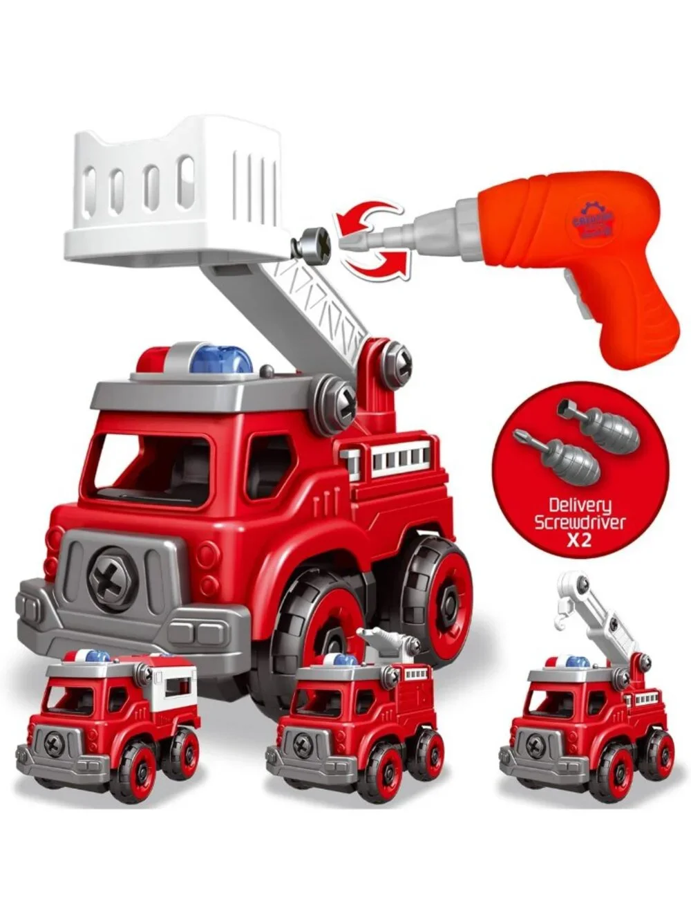 4-in-1 DIY Take Apart Fire Truck Toy with Electric Drill, STEM Building Set for